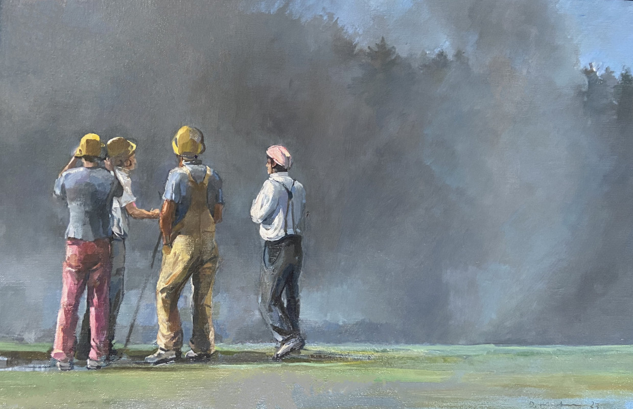 An oil painting depicting four workers from behind standing on a green field and observing a massive cloud of dark smoke rising in front of them.