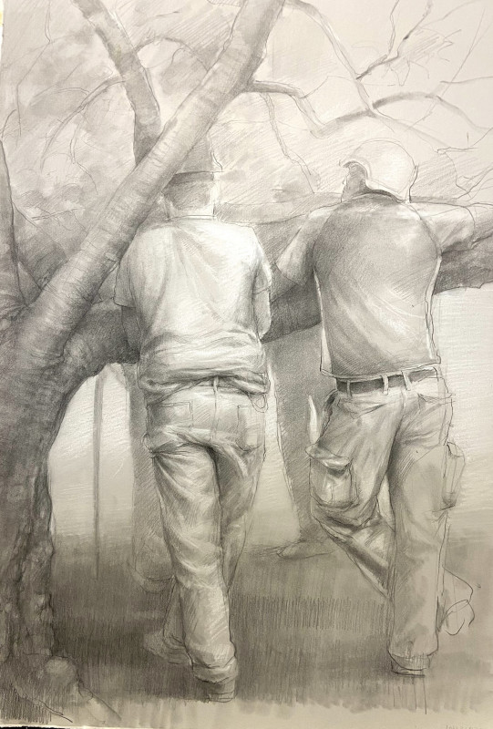A realistic graphite drawing depicts two workers in hats and workwear seen from behind, leaning against a large tree branch in a misty landscape.