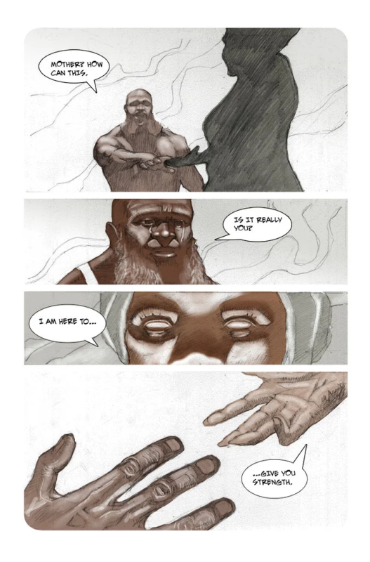 A comic book panel showing a large bearded warrior asking a shadowy maternal figure for guidance before their hands meet as she offers him strength.