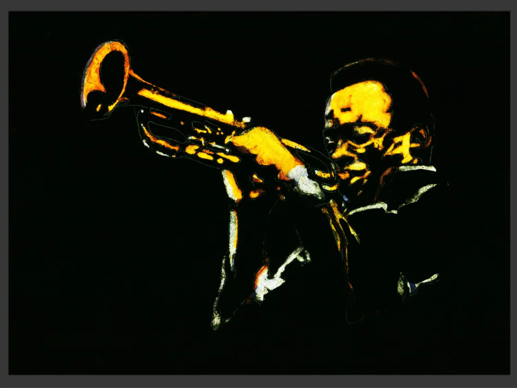 High-contrast digital art illustration of jazz musician Miles Davis rendered in glowing yellow and gold highlights as he plays the trumpet against a solid black background.
