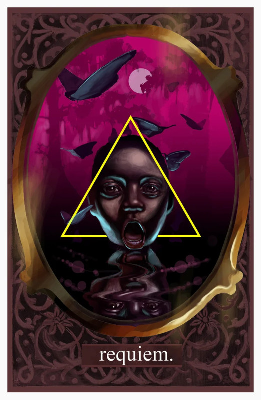 An ornate oval mirror frame encloses a surreal, pink-hued forest scene featuring a central open-mouthed dark face overlayed with a yellow triangle, with dark birds flying above its reflection in calm water and the word "requiem." printed at the bottom.