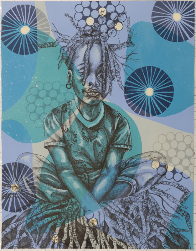 A stylized, blue-toned mixed media print features a young Black girl with braided hair sitting cross-legged atop a dense root system, set against a background of abstract shapes and starburst patterns.