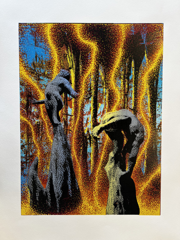 A textured artwork depicts two shadowy figures positioned on tall stumps or mounds within a dense forest, surrounded by wavy, glowing streams of bright orange and yellow light that mimic fire or energy.