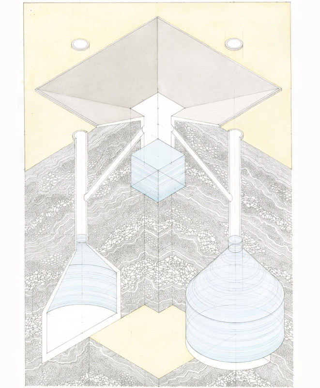 An axonometric architectural drawing depicts a geometric structure with an inverted pyramidal funnel at the top that connects down to underground shafts, a floating central cube, and large subterranean chambers.