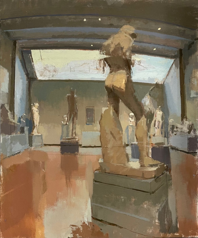 An oil painting depicting a museum gallery filled with classical sculptures, dominated by the rear view of a prominent, standing statue on a pedestal in the foreground.