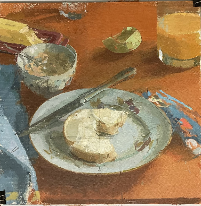 An oil painting of a breakfast tabletop setting, featuring a plate with buttered bread and a knife, a glass of orange juice, a bowl, and butter on an orange surface.