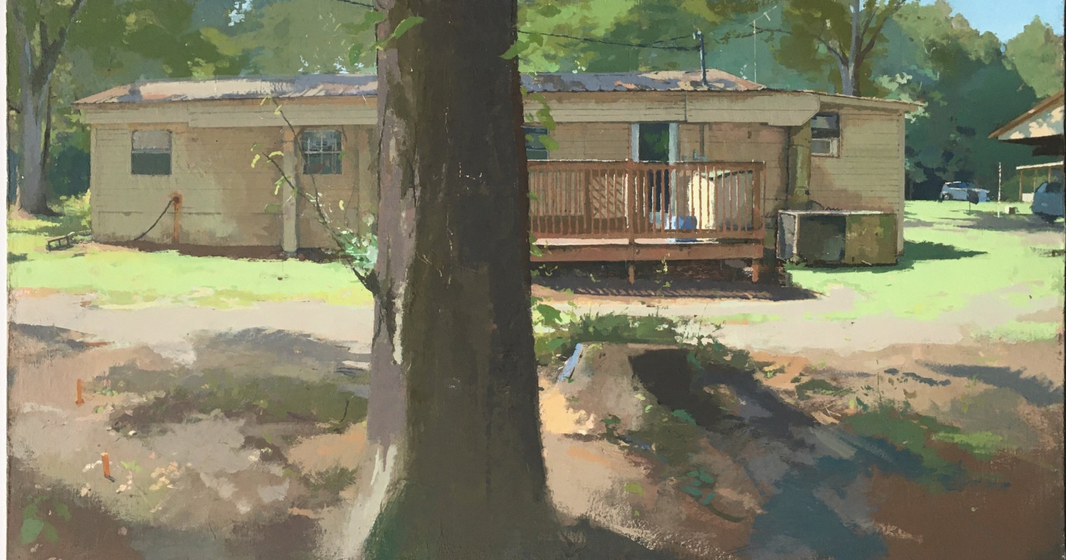 An oil painting depicts a rural mobile home with a wooden porch, partially obscured by a large tree trunk in the foreground under bright sunlight.