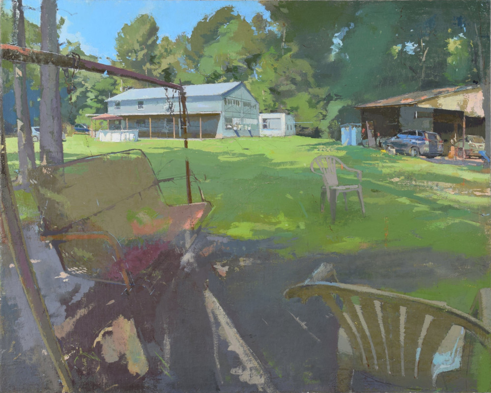 An oil painting depicts a sunlit grassy yard with a porch swing and plastic chairs in the foreground, leading back to a large barn and an open garage nestled against a dense forest line.