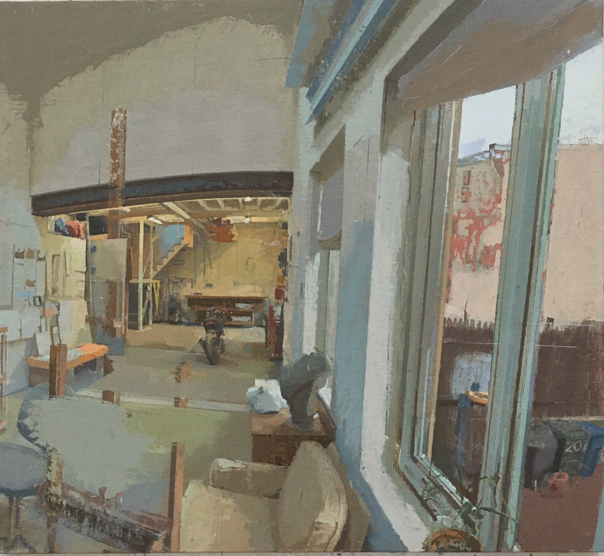 An oil painting depicts the cluttered interior of an artist's studio or workshop, looking past a large window toward an inner room with a motorcycle and tools under industrial lighting.
