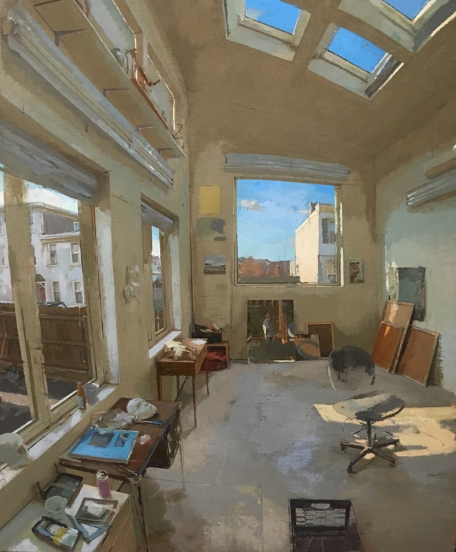 An oil painting of a sunlit artist's studio with skylights, large windows showcasing city buildings, and scattered art supplies surrounding a central rolling stool.