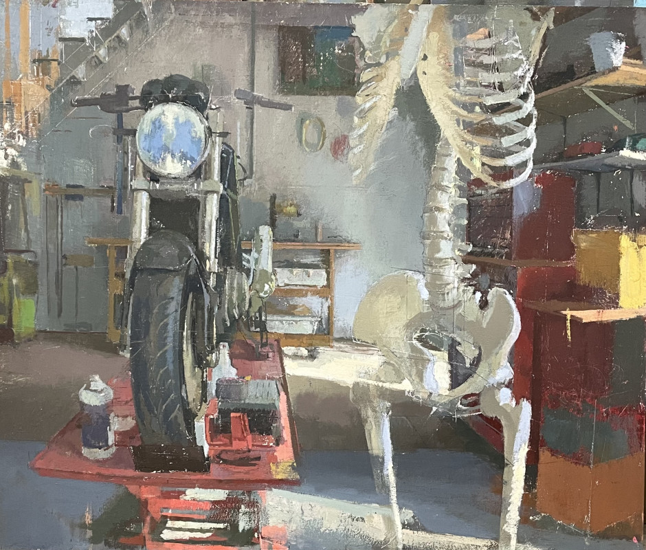 An oil painting depicts a motorcycle on a red lift inside a cluttered garage workshop, contrasted against a large human skeleton standing in the foreground.
