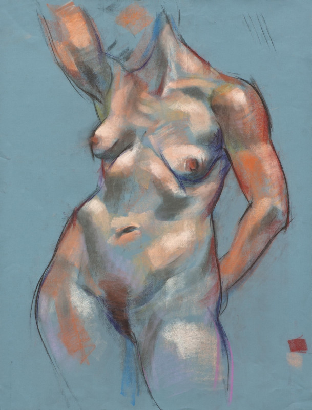 A pastel drawing on light blue paper depicting a female nude torso from the thighs up, rendered with soft blended strokes of peach, cream, and shadow tones.