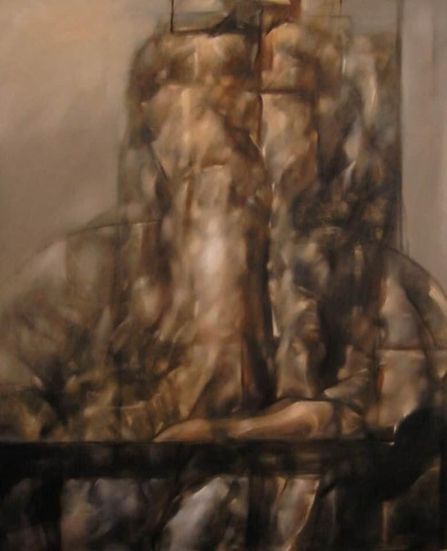 An abstract figurative painting in muted brown and sepia tones depicting a heavily distorted, fragmented human form with expressive, blended brushstrokes.