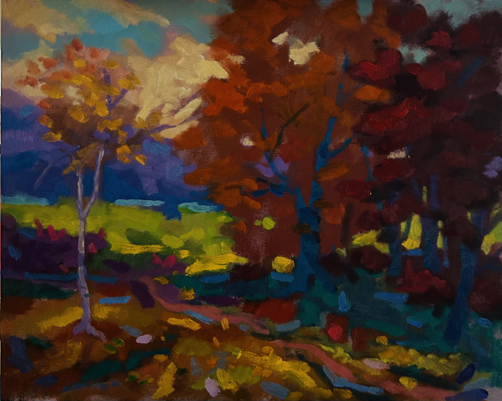An impressionistic autumn landscape painting featuring vibrant orange and deep red trees contrasted against a bright yellow meadow under a swirling blue and cream sky.