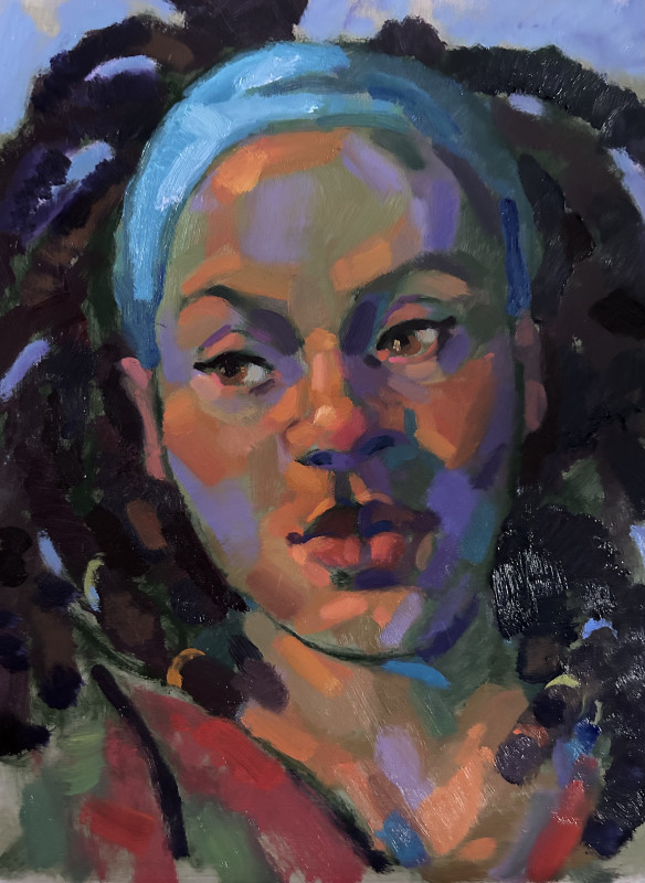 A vibrant, modern Alla Prima portrait painting of a Black woman with dark locs and a bright blue headwrap, rendered in expressive, colorful brushstrokes of violet, orange, and teal.