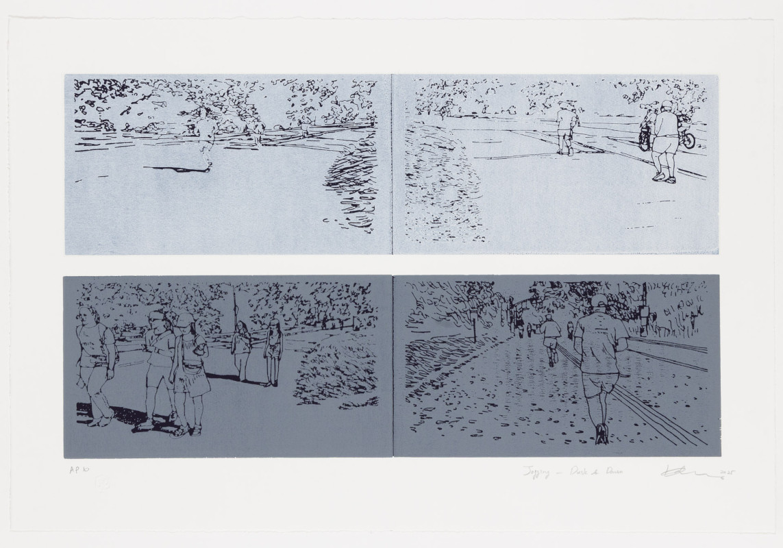 A four-panel print art piece by Kakyoung Lee depicts various scenes of people walking, jogging, and biking along a path in Central Park, rendered in distinct light blue and dark grey tones.