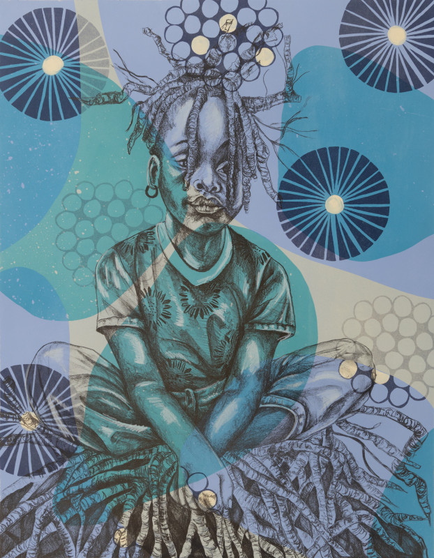 A stylized, blue-toned mixed media print features a young Black girl with braided hair sitting cross-legged atop a dense root system, set against a background of abstract shapes and starburst patterns.