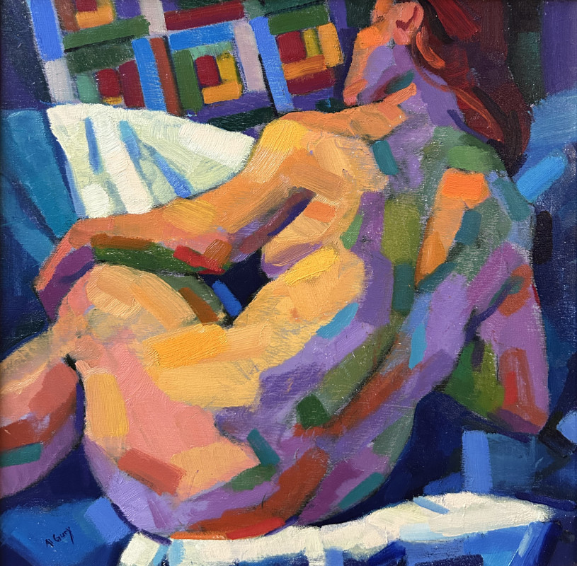 A vibrant, Fauvist-style oil painting depicts a seated nude figure rendered in blocky, expressive brushstrokes of purple, orange, and green against a geometric, colorful background.