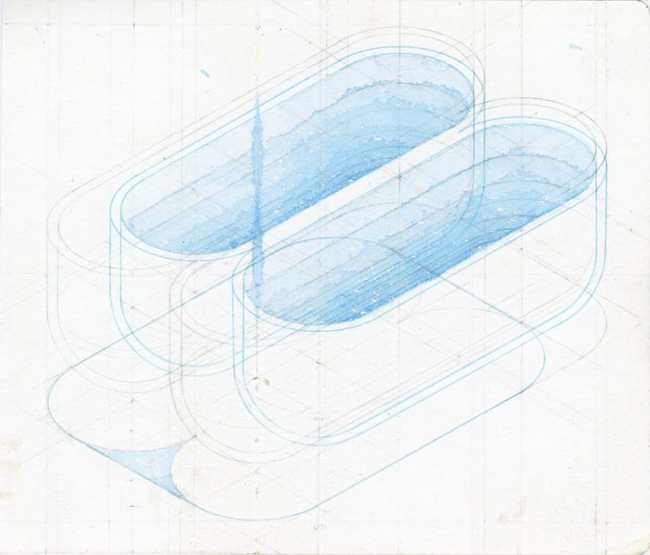An isometric architectural drawing features overlapping, pill-shaped blue pools layered over fine pencil gridlines.