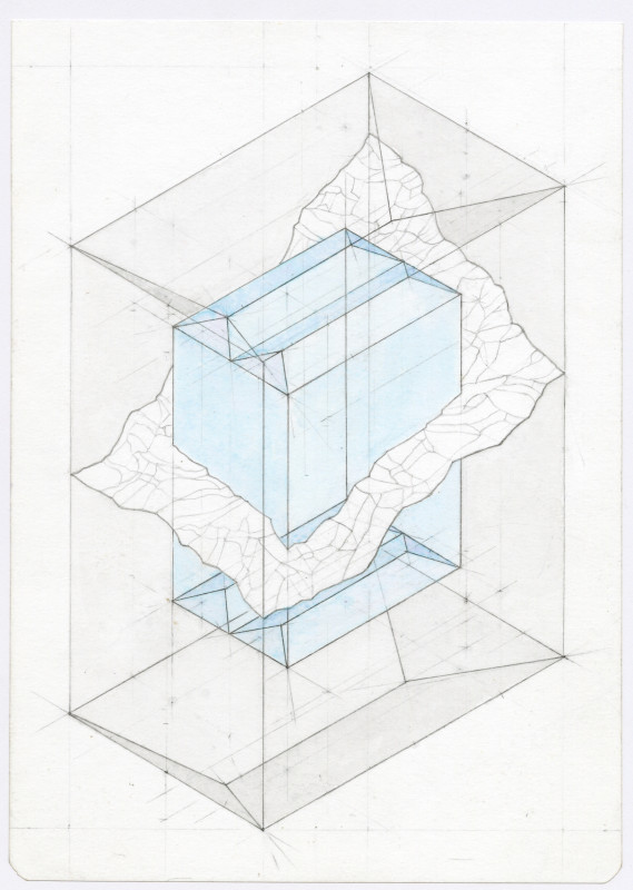 An isometric architectural drawing depicts a blue rectangular carton intersected by a detailed topographical landscape plane, all enclosed within a transparent wireframe box.