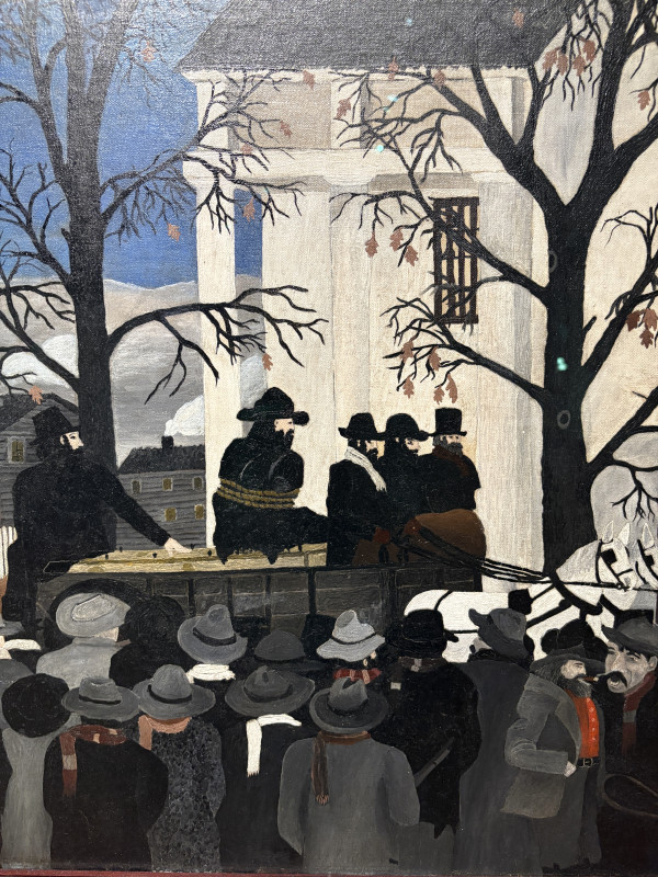 An oil painting by Horace Pippin depicts the abolitionist John Brown bound and sitting on his coffin in a horse-drawn wagon as it passes through a somber, grey-hatted crowd toward his execution.