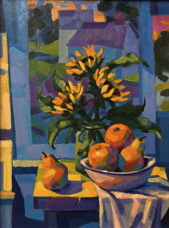 A vibrant Fauvist-inspired oil painting by Al Gury depicts an interior still life featuring a glass jar of bright yellow sunflowers and a ceramic bowl filled with oranges and pears on a draped table, set against a blue-framed window overlooking a lavender house.