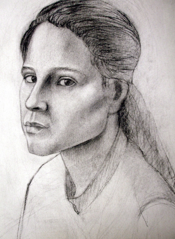 A graphite pencil sketch capturing the three-quarter profile of a person with pulled-back hair and a neutral expression.