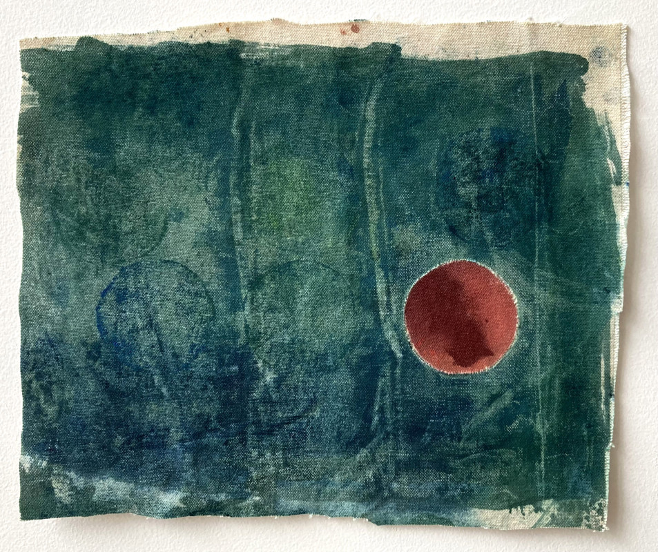 An abstract contemporary artwork features a textured teal canvas with faint geometric shapes and a single, prominent red circle on the right side.
