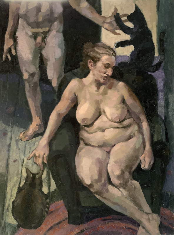 An expressive oil painting depicts a seated nude woman in an armchair, a standing nude man in the background, and a black cat perched nearby in a dimly lit interior setting.