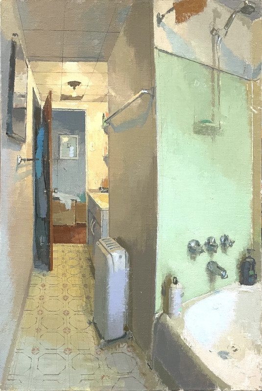 An oil painting captures a narrow bathroom interior, showcasing a tiled hallway floor, a space heater, and a bathtub beneath a pale green shower wall where soft light creates an atmospheric, realistic scene.