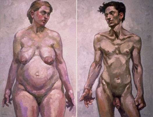A side-by-side diptych painting depicting a full-body study of a larger female figure on the left and a lean male figure on the right, both rendered in a textured, painterly style with cool pink and purple skin tones.