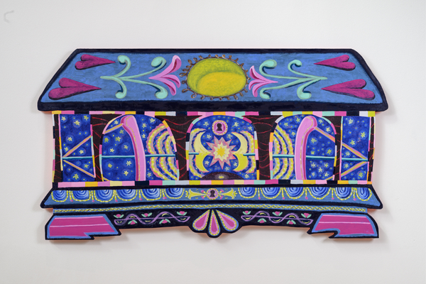 A vibrant, chest-shaped oil painting by Kati Gegenheimer features intricate cosmic motifs including stars, crescent moons, and a central glowing sun framed in bright shades of blue, pink, and yellow.