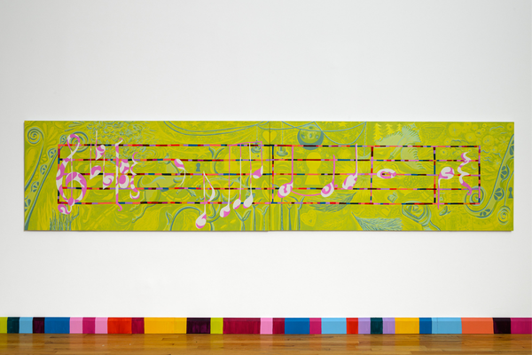 A long, horizontal canvas painting depicts a vibrant lime-green background featuring whimsical pink and white musical notes scattered across a single staff.