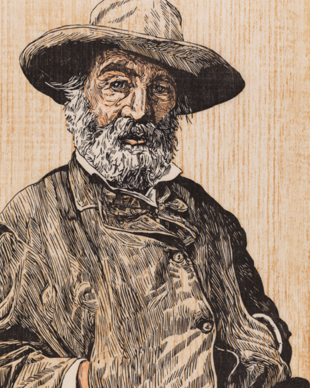 An elderly, white-bearded man wearing a brown bowler hat and a draped, heavily textured dark cloak stands looking forward against a pale, neutral background featuring fine vertical line details.