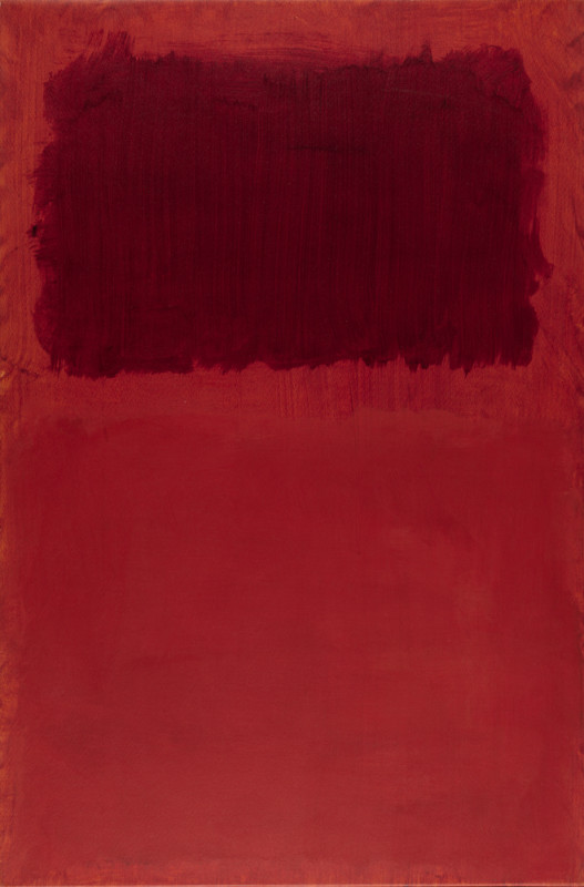 An abstract color field painting featuring a soft-edged, dark maroon rectangle hovering over a larger, vibrant crimson red field, centered against a solid black background.