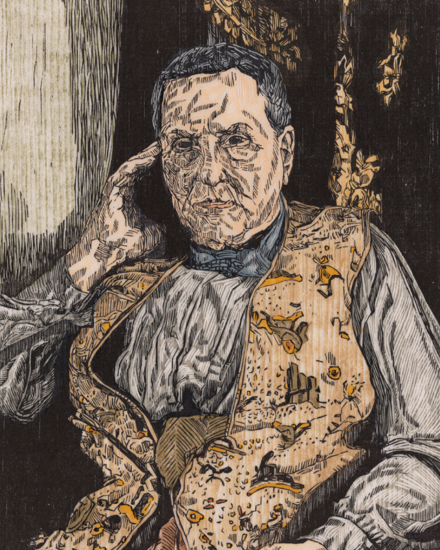 An intricate multi-color woodcut print portraits an elderly individual with deeply lined facial features, resting their right hand against the side of their face while wearing a highly detailed, patterned vest adorned with small, sketchy illustrations.