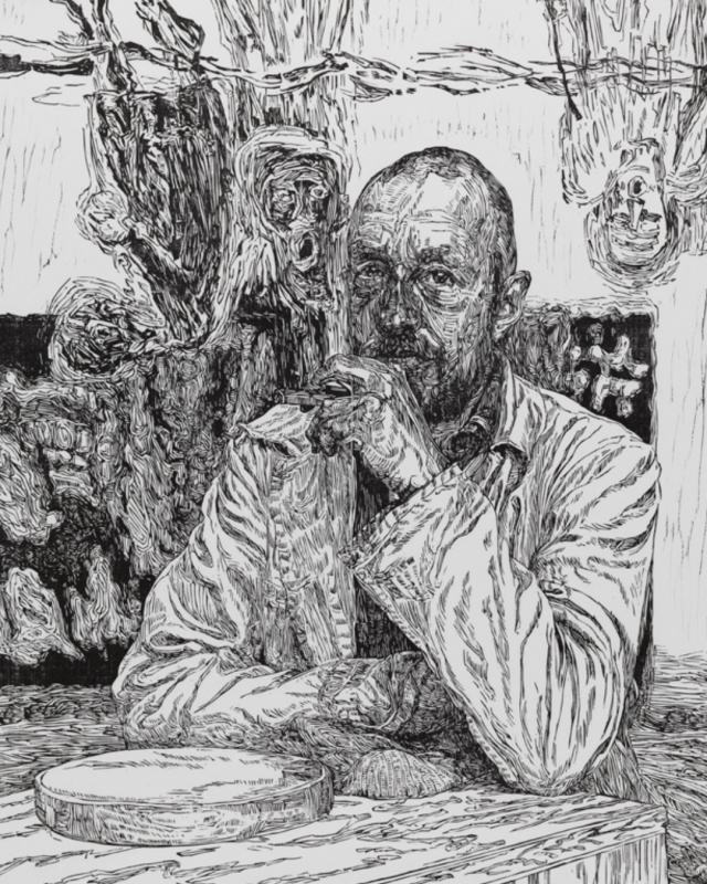 A highly detailed black-and-white woodcut portrait depicts a seated man resting his chin on his hand, surrounded by a chaotic, heavily textured background featuring distorted, mask-like faces.