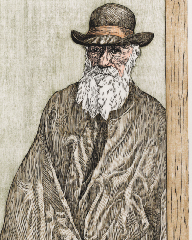 An elderly, white-bearded man wearing a brown bowler hat and a draped, heavily textured dark cloak stands looking forward against a pale, neutral background featuring fine vertical line details.
