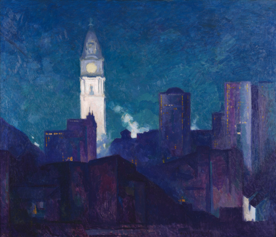 An oil painting by Hugh Henry Breckenridge depicts the Philadelphia city skyline at night under a textured, deep blue sky, featuring the brightly illuminated white clock tower of City Hall standing out against darker, abstracted city buildings.