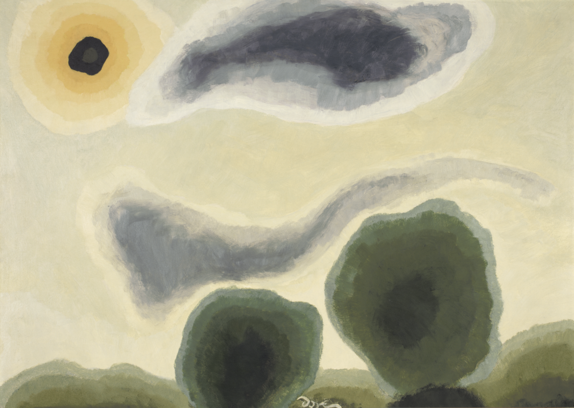 An abstract landscape painting featuring soft green rounded tree forms beneath a warm, glowing yellow sky with flowing grey clouds and a dark circular sun.