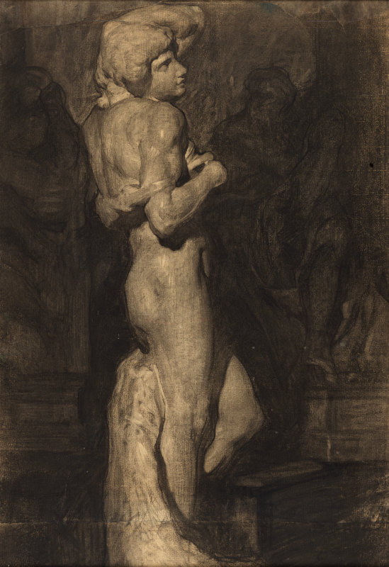 A charcoal-on-paper academic study by Daniel Garber depicting a classicizing full-length nude male figure in an dynamic, twisting controposto pose against a dark, atmospheric background.