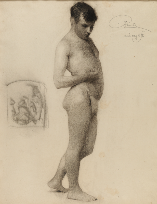 A standing graphite and charcoal life drawing depicts a nude man in profile looking down, with a small sketch to the left and a handwritten signature in the upper right.