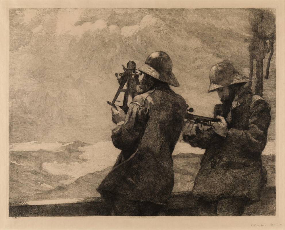 An etching of Winslow Homer's "Eight Bells" depicting two sailors in foul-weather gear on a ship deck, with one using a sextant to determine the vessel's position amidst rough seas.