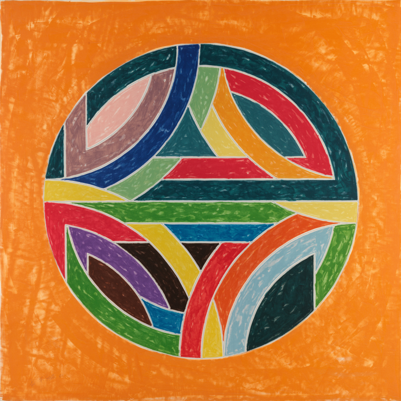An abstract geometric print by Frank Stella featuring a vibrant circle packed with intersecting, multicolored bands and arcs set against a solid bright orange background.