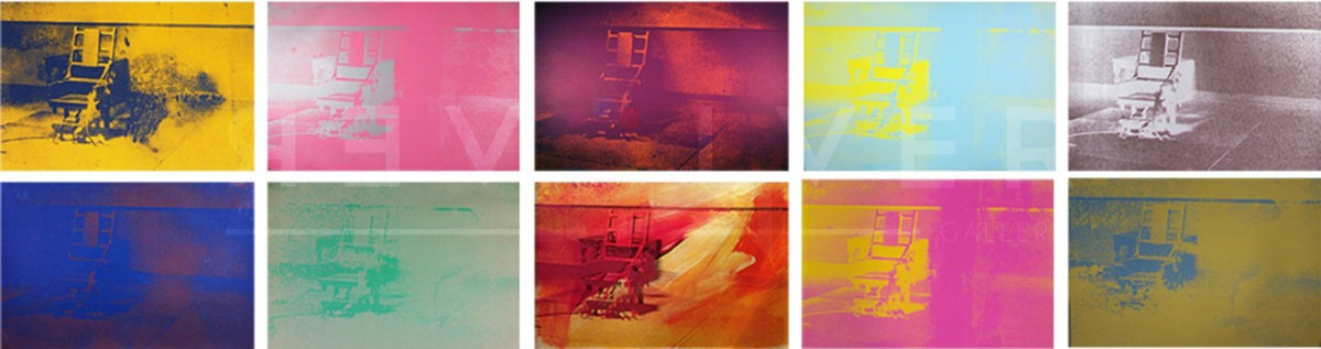 A colorful multi-panel grid of screenprints by Andy Warhol depicting an empty electric chair inside a prison execution chamber rendered in various contrasting pop-art color schemes.