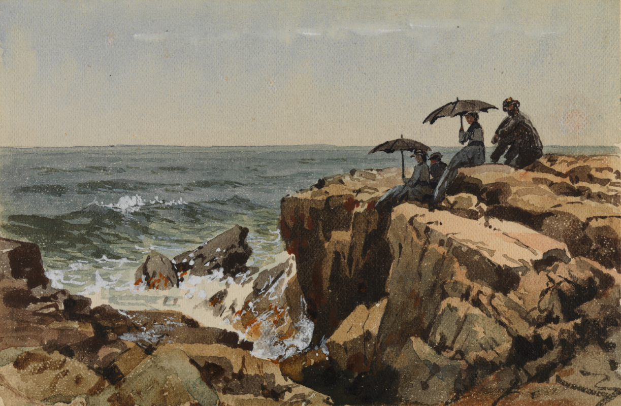 A delicate watercolor painting captures four figures perched atop a rugged, sunlit cliff as they gaze out at crashing white waves breaking against rocky shores.