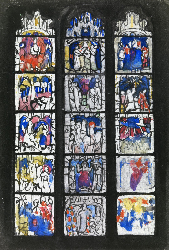 An early 20th-century watercolor study by Violet Oakley for an uncompleted stained-glass window, showcasing fifteen illustrative panels arranged in three vertical lancets with vibrant shades of blue, red, and yellow against a dark backdrop.
