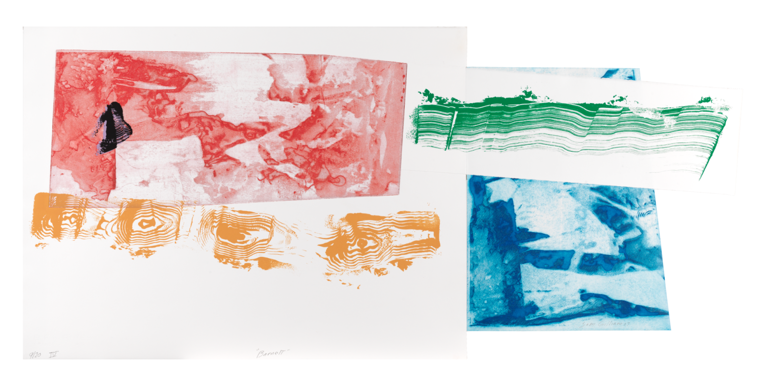 An abstract art print consisting of multiple textured, rectangular ink blocks in red, yellow, green, and blue arranged across a white background.
