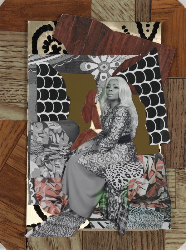 A black-and-white photograph of a seated woman with long, blonde hair is superimposed onto a textured multi-media collage composed of patterned textiles, animal prints, geometric cutouts, and a wood-grain border background.