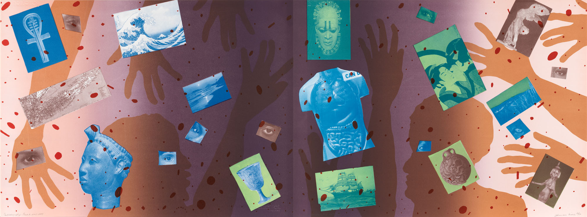 A wide, surreal collage features blue and green cultural artifacts, small pictures, and isolated eyes floating over a background filled with the dark silhouettes of reaching hands and human profiles.